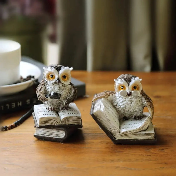 02Pcs Cute Owl Reading Book Statues